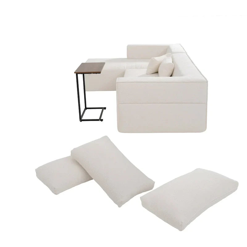 Canapé sectionnel modulable en bouclette 112 avec table d'appoint offerte, assise large et sans assemblage requis