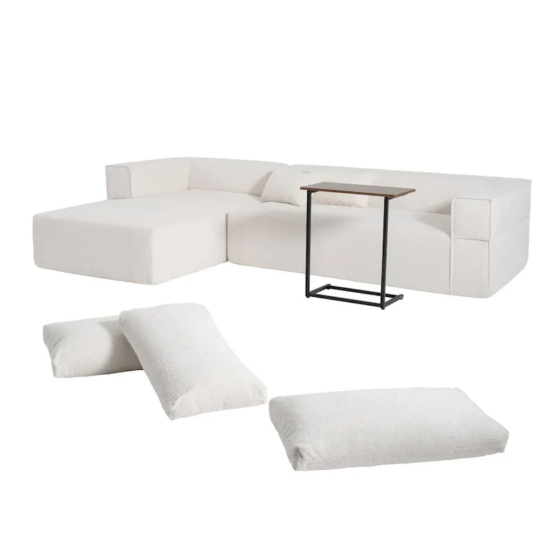 Canapé sectionnel modulable en bouclette 112 avec table d'appoint offerte, assise large et sans assemblage requis