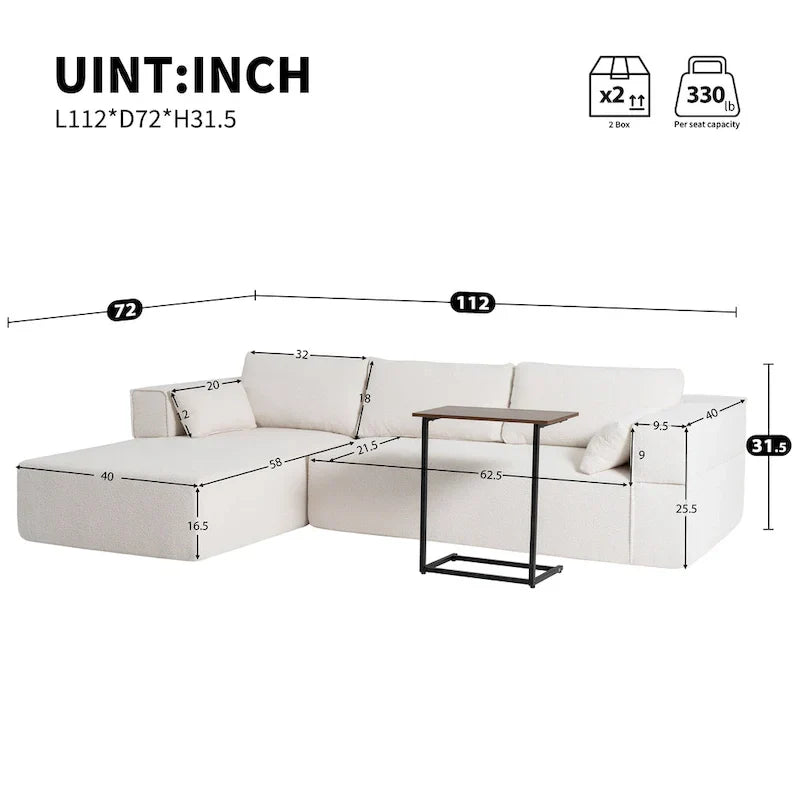 Canapé sectionnel modulable en bouclette 112 avec table d'appoint offerte, assise large et sans assemblage requis