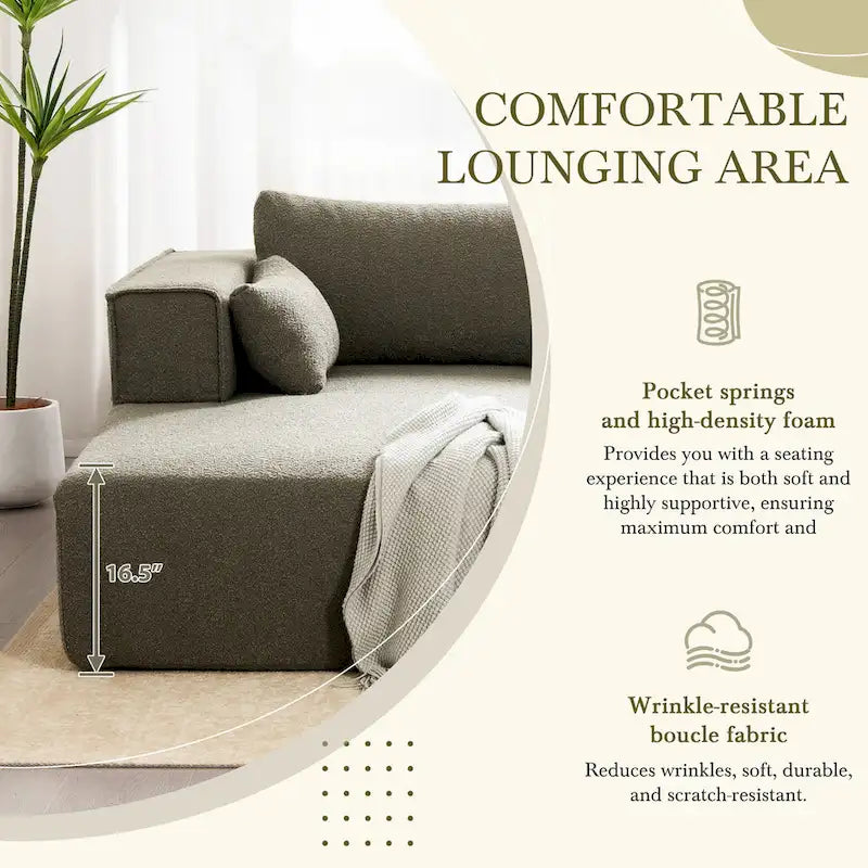 Canapé sectionnel modulable en bouclette 112 avec table d'appoint offerte, assise large et sans assemblage requis
