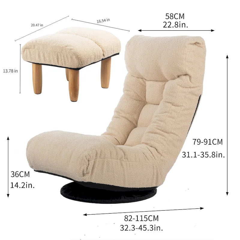 Ensemble Fauteuil Inclinable Manuel Pivotant 360° sans Accoudoirs Rembourré en Bouclette Beige avec Pouf, Appui-Tête et Dossier Réglables