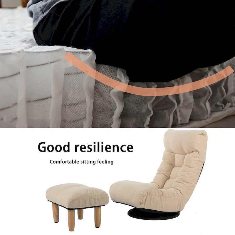 Ensemble Fauteuil Inclinable Manuel Pivotant 360° sans Accoudoirs Rembourré en Bouclette Beige avec Pouf, Appui-Tête et Dossier Réglables
