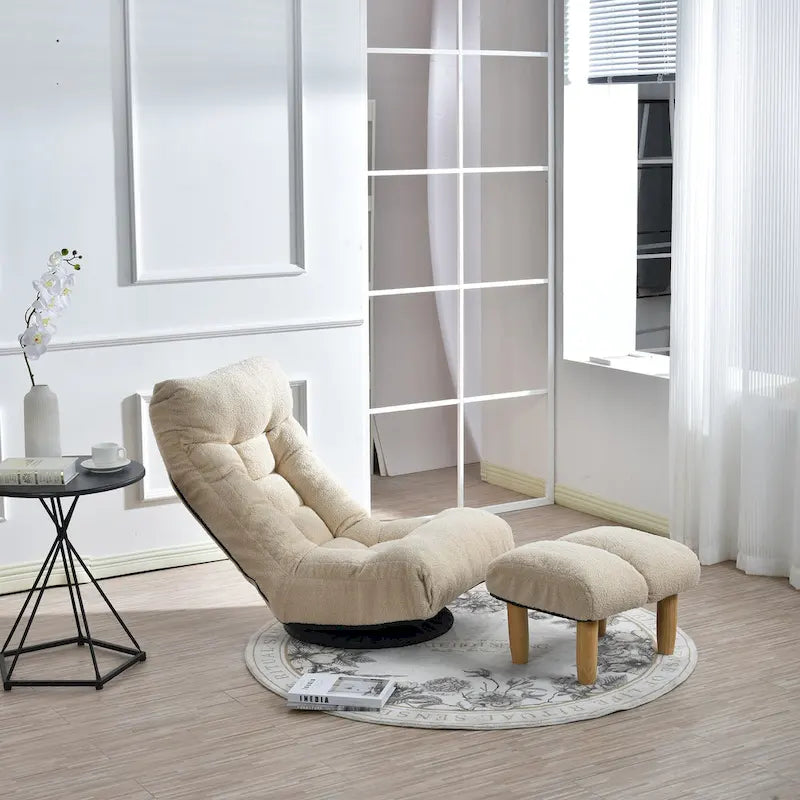 Ensemble Fauteuil Inclinable Manuel Pivotant 360° sans Accoudoirs Rembourré en Bouclette Beige avec Pouf, Appui-Tête et Dossier Réglables