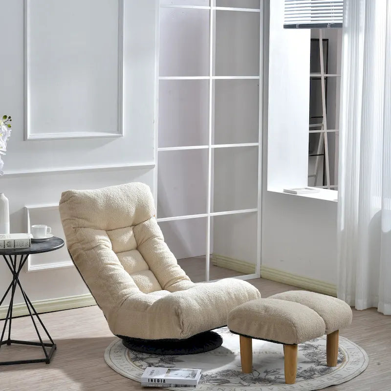 Ensemble Fauteuil Inclinable Manuel Pivotant 360° sans Accoudoirs Rembourré en Bouclette Beige avec Pouf, Appui-Tête et Dossier Réglables