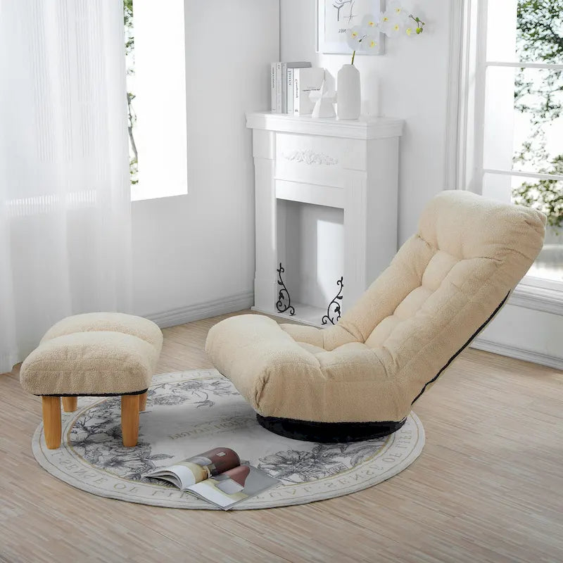 Ensemble Fauteuil Inclinable Manuel Pivotant 360° sans Accoudoirs Rembourré en Bouclette Beige avec Pouf, Appui-Tête et Dossier Réglables