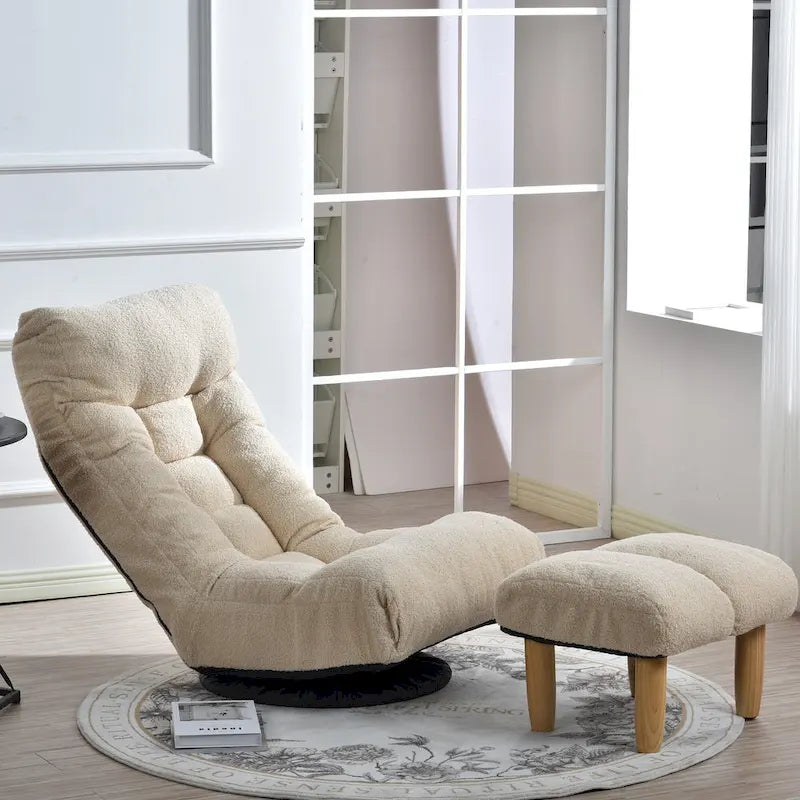 Ensemble Fauteuil Inclinable Manuel Pivotant 360° sans Accoudoirs Rembourré en Bouclette Beige avec Pouf, Appui-Tête et Dossier Réglables