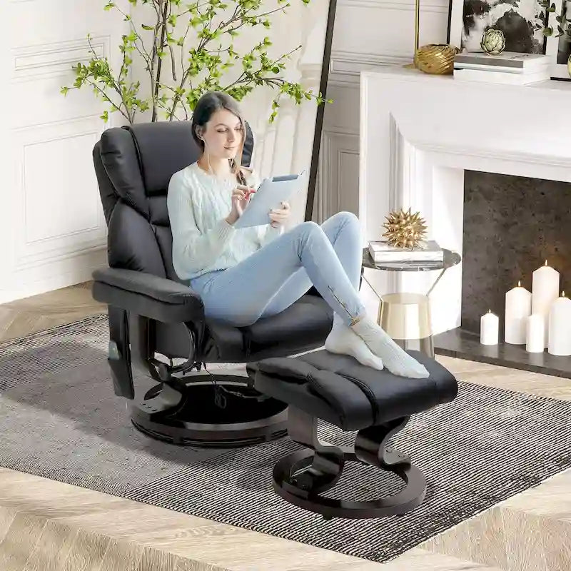 Ensemble de fauteuil inclinable manuel pivotant 360 en similicuir noir avec ottoman, 10 points de massage par vibration, poche latérale