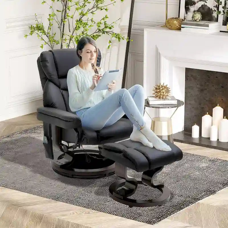 Ensemble de fauteuil inclinable manuel pivotant 360 en similicuir noir avec ottoman, 10 points de massage par vibration, poche latérale