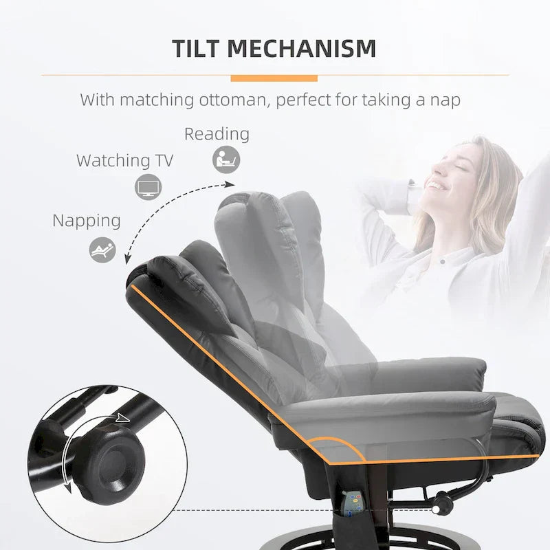 Ensemble de fauteuil inclinable manuel pivotant 360 en similicuir noir avec ottoman, 10 points de massage par vibration, poche latérale