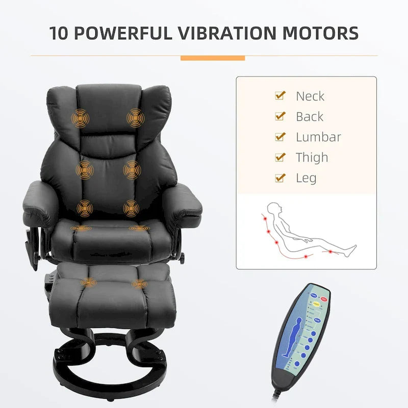 Ensemble de fauteuil inclinable manuel pivotant 360 en similicuir noir avec ottoman, 10 points de massage par vibration, poche latérale