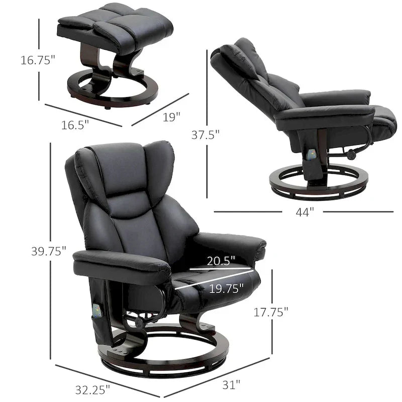 Ensemble de fauteuil inclinable manuel pivotant 360 en similicuir noir avec ottoman, 10 points de massage par vibration, poche latérale