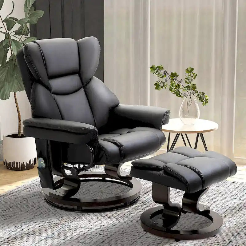Ensemble de fauteuil inclinable manuel pivotant 360 en similicuir noir avec ottoman, 10 points de massage par vibration, poche latérale