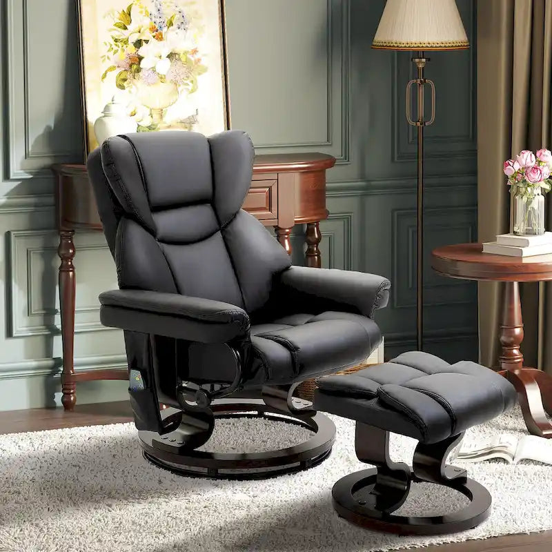 Ensemble de fauteuil inclinable manuel pivotant 360 en similicuir noir avec ottoman, 10 points de massage par vibration, poche latérale