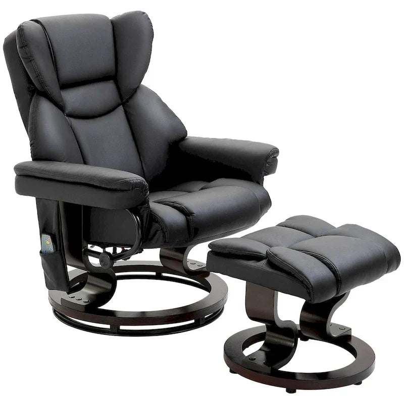 Ensemble de fauteuil inclinable manuel pivotant 360 en similicuir noir avec ottoman, 10 points de massage par vibration, poche latérale