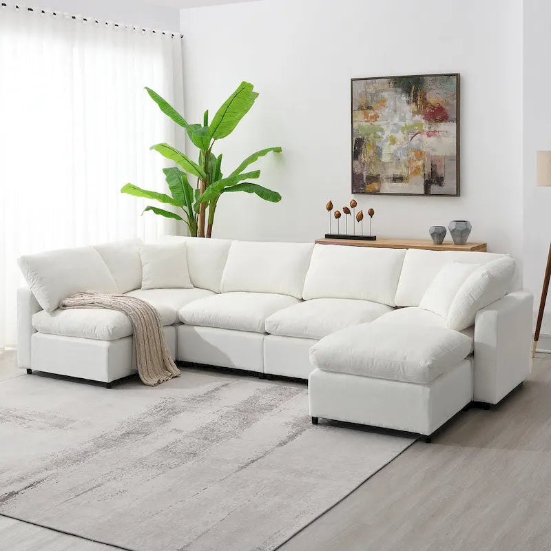 Canapé-lit sectionnel nuage beige 130 en chenille en forme de U, conception modulable 6 pièces