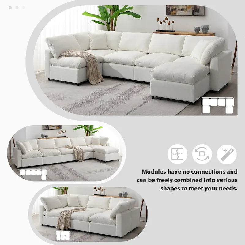 Canapé-lit sectionnel nuage beige 130 en chenille en forme de U, conception modulable 6 pièces