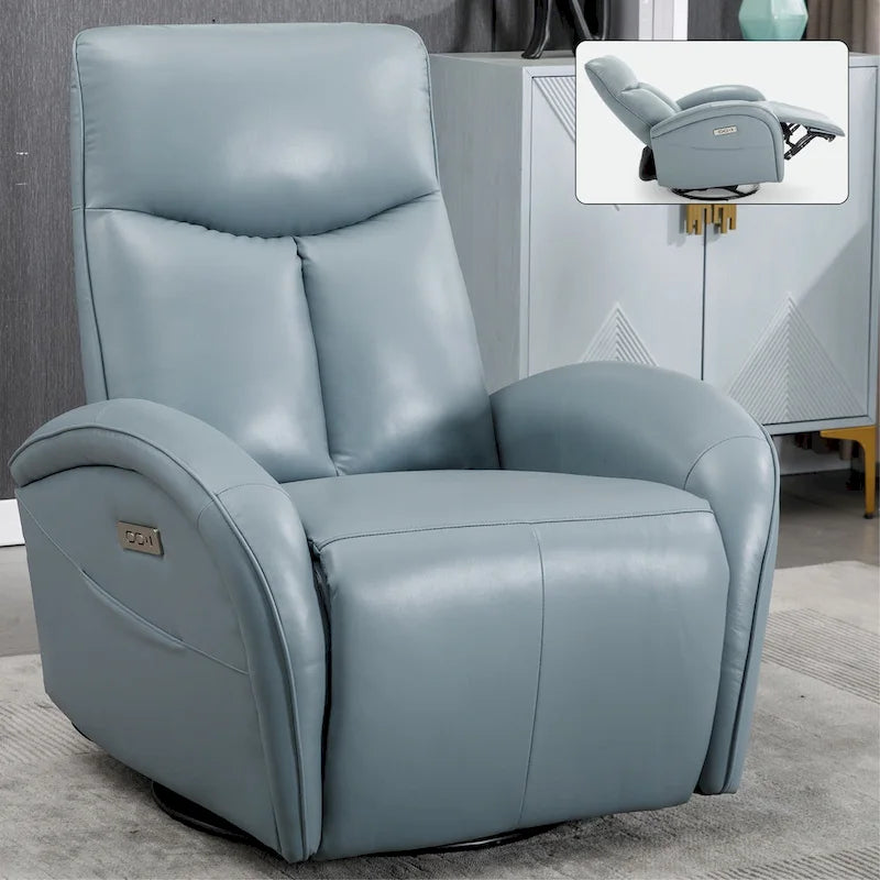 Fauteuil Inclinable Électrique en Cuir Véritable Bleu avec Pivot et Chargement USB
