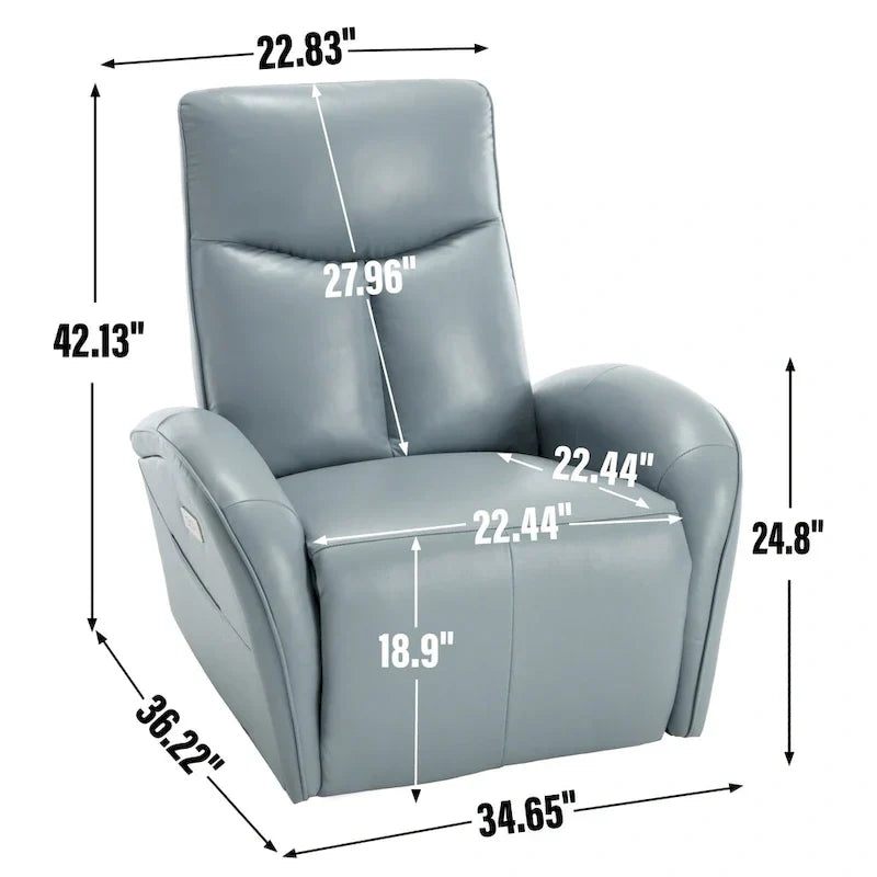 Fauteuil Inclinable Électrique en Cuir Véritable Bleu avec Pivot et Chargement USB