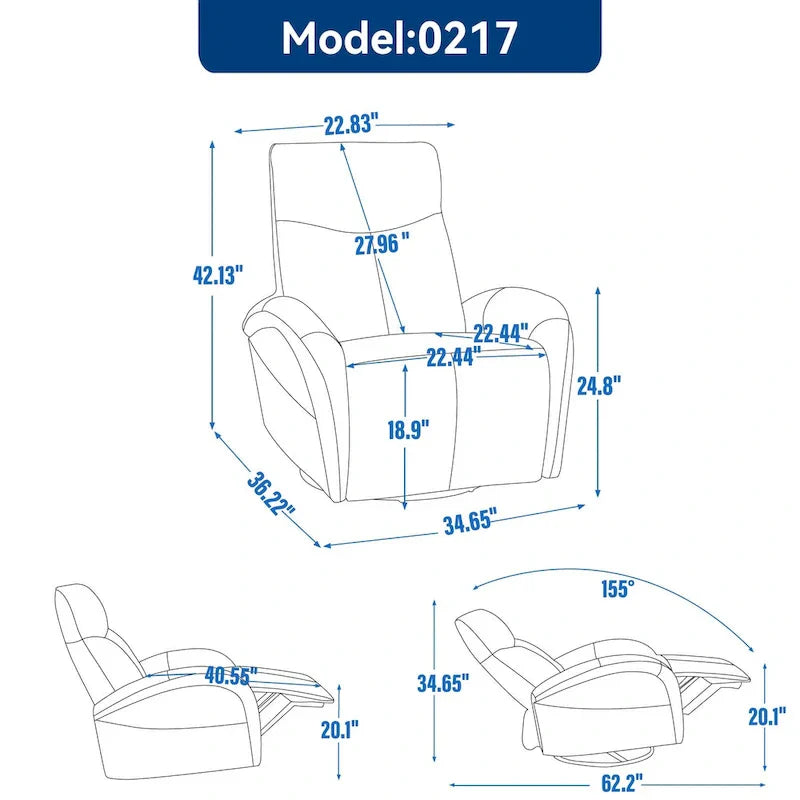Fauteuil Inclinable Électrique en Cuir Véritable Bleu avec Pivot et Chargement USB