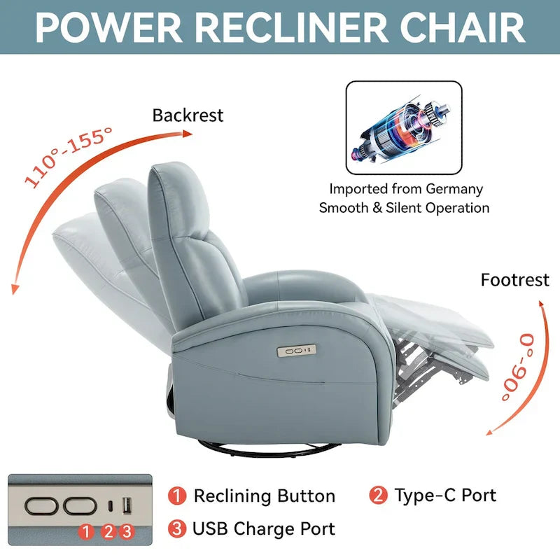 Fauteuil Inclinable Électrique en Cuir Véritable Bleu avec Pivot et Chargement USB