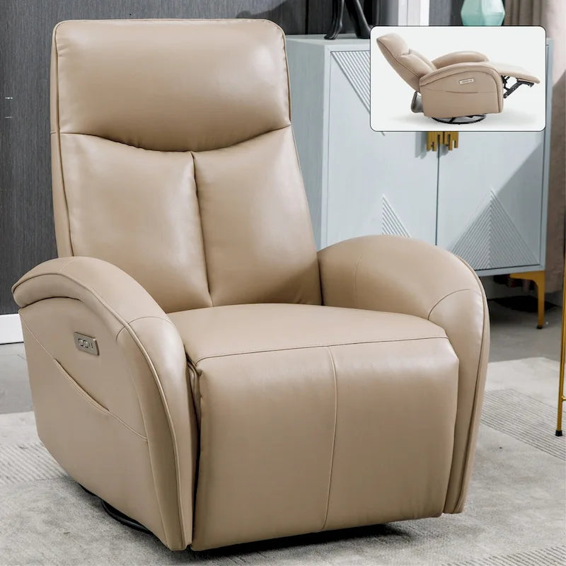 Fauteuil Inclinable Électrique en Cuir Véritable Bleu avec Pivot et Chargement USB