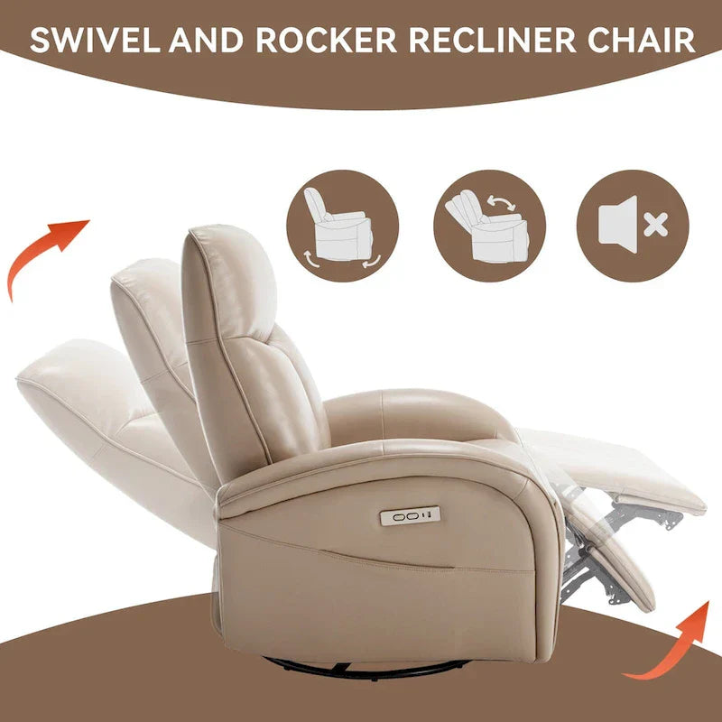 Fauteuil Inclinable Électrique en Cuir Véritable Bleu avec Pivot et Chargement USB