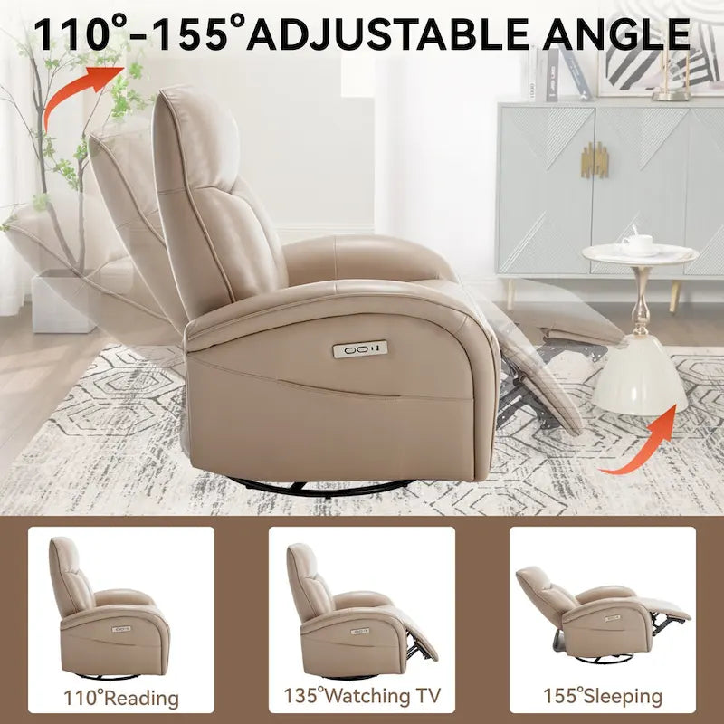 Fauteuil Inclinable Électrique en Cuir Véritable Bleu avec Pivot et Chargement USB