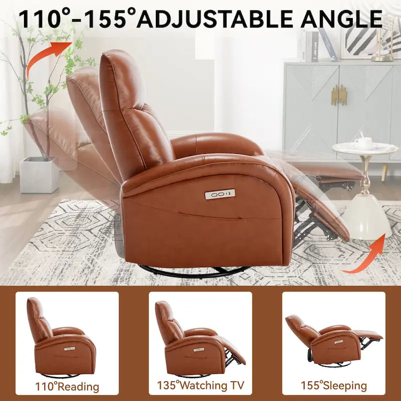 Fauteuil Inclinable Électrique en Cuir Véritable Bleu avec Pivot et Chargement USB