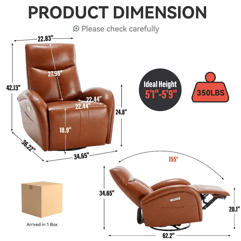 Fauteuil Inclinable Électrique en Cuir Véritable Bleu avec Pivot et Chargement USB