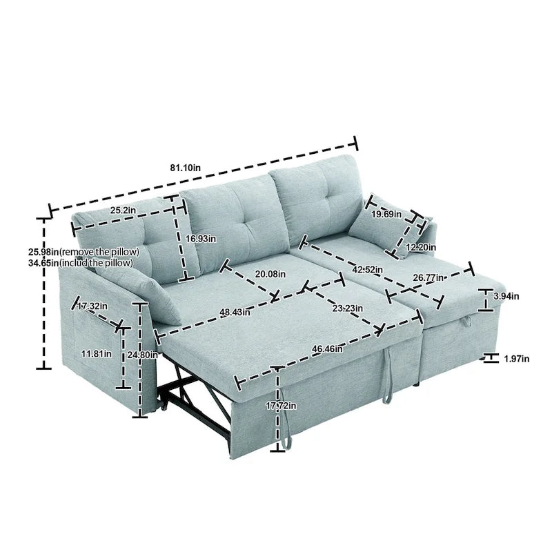 Canapé sectionnel d'angle 3 places vert 81,1 pouces avec méridienne réversible, sièges de rangement, cadre en bois massif durable