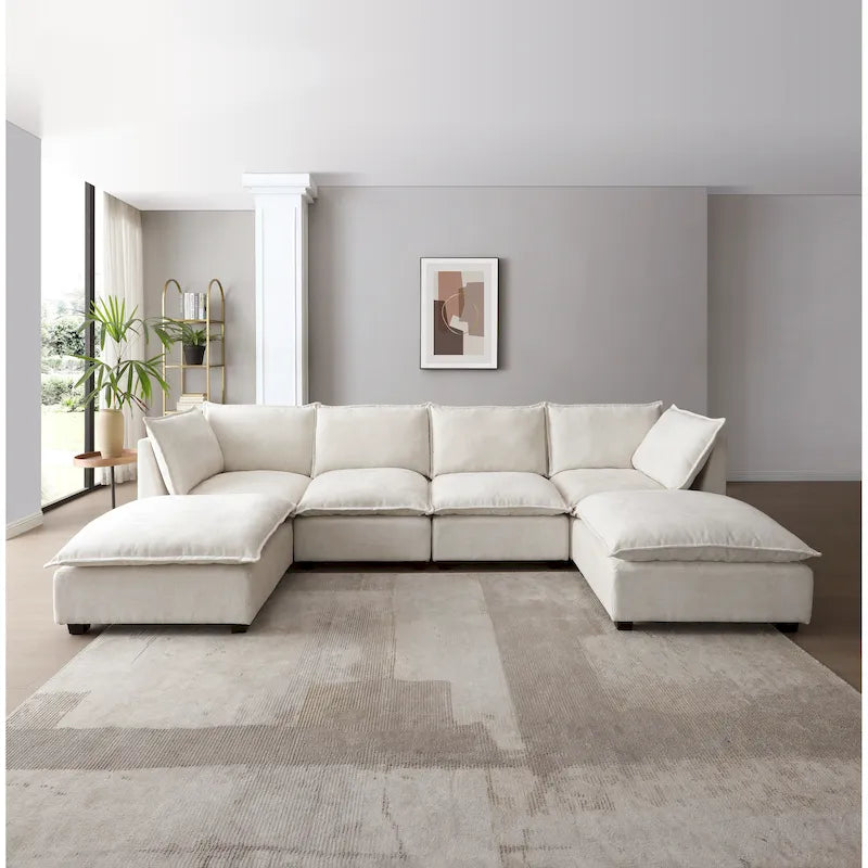 Canapé sectionnel modulaire beige 130 places en U, personnalisable, avec ottomane convertible et options d'assemblage polyvalentes