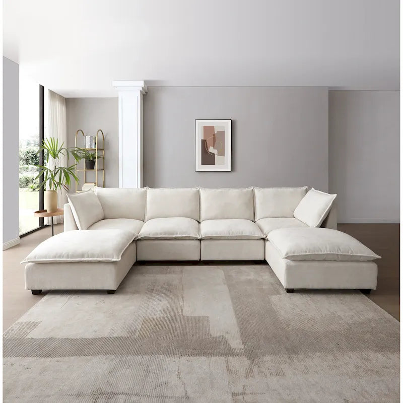 Canapé sectionnel modulaire beige 130 places en U, personnalisable, avec ottomane convertible et options d'assemblage polyvalentes