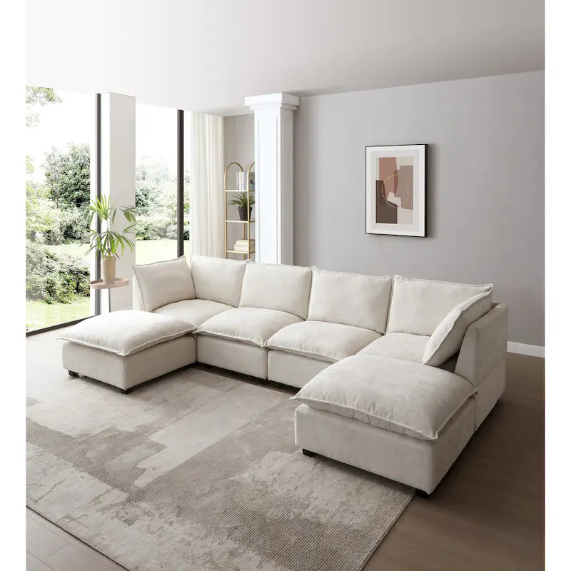 Canapé sectionnel modulaire beige 130 places en U, personnalisable, avec ottomane convertible et options d'assemblage polyvalentes