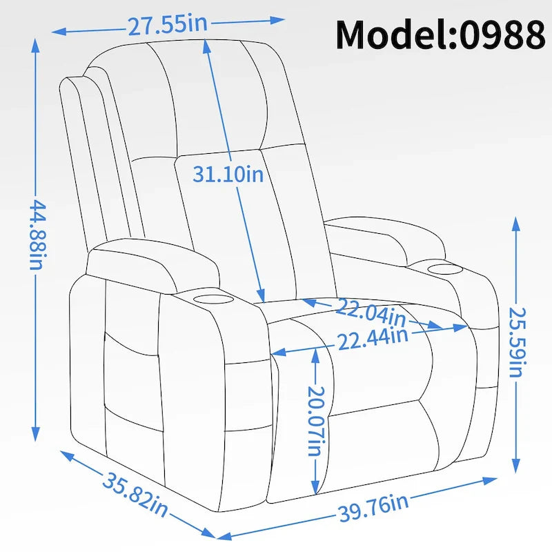 Fauteuil inclinable électrique noir pour personnes âgées avec massage vibrant, chauffage lombaire, port USB et porte-gobelets