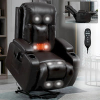 Fauteuil inclinable électrique noir pour personnes âgées avec massage vibrant, chauffage lombaire, port USB et porte-gobelets