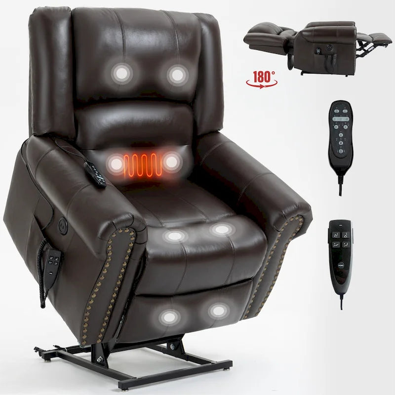 Fauteuil inclinable releveur en cuir véritable marron avec fonction de chauffage, de massage et ports USB