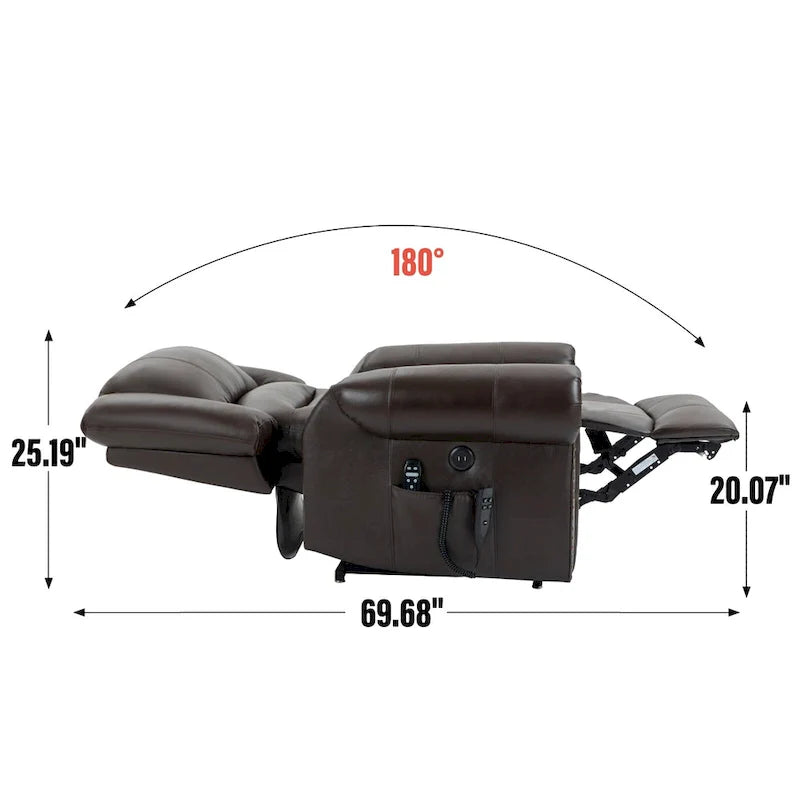 Fauteuil inclinable releveur en cuir véritable marron avec fonction de chauffage, de massage et ports USB