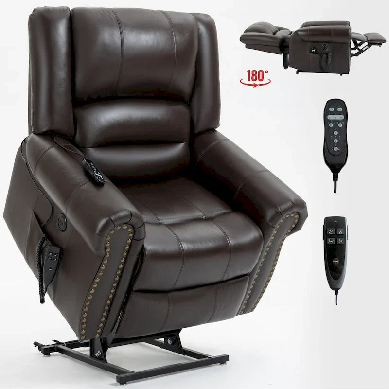 Fauteuil inclinable releveur en cuir véritable marron avec fonction de chauffage, de massage et ports USB