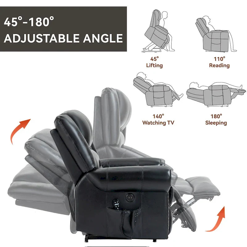 Fauteuil inclinable releveur en cuir véritable marron avec fonction de chauffage, de massage et ports USB