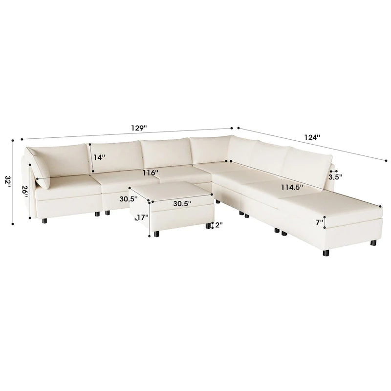 Canapé modulable convertible beige 129 8 places avec rangement