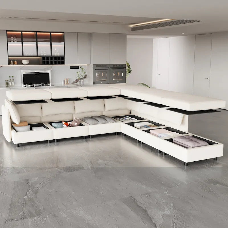 Canapé modulable convertible beige 129 8 places avec rangement