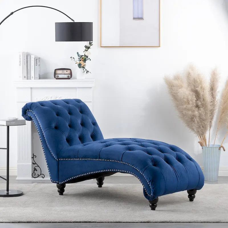 Méridienne bleue 27.17 capitonnée à boutons avec clous décoratifs