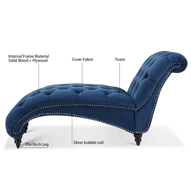 Méridienne bleue 27.17 capitonnée à boutons avec clous décoratifs