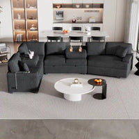 Canapé d'angle en L 6 places de 320 cm avec lit gigogne, ports de chargement USB et tablettes avec porte-gobelets rabattables