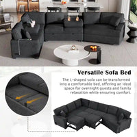 Canapé d'angle en L 6 places de 320 cm avec lit gigogne, ports de chargement USB et tablettes avec porte-gobelets rabattables