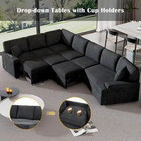 Canapé d'angle en L 6 places de 320 cm avec lit gigogne, ports de chargement USB et tablettes avec porte-gobelets rabattables