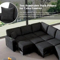 Canapé d'angle en L 6 places de 320 cm avec lit gigogne, ports de chargement USB et tablettes avec porte-gobelets rabattables
