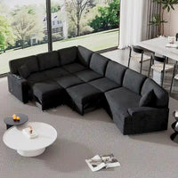 Canapé d'angle en L 6 places de 320 cm avec lit gigogne, ports de chargement USB et tablettes avec porte-gobelets rabattables