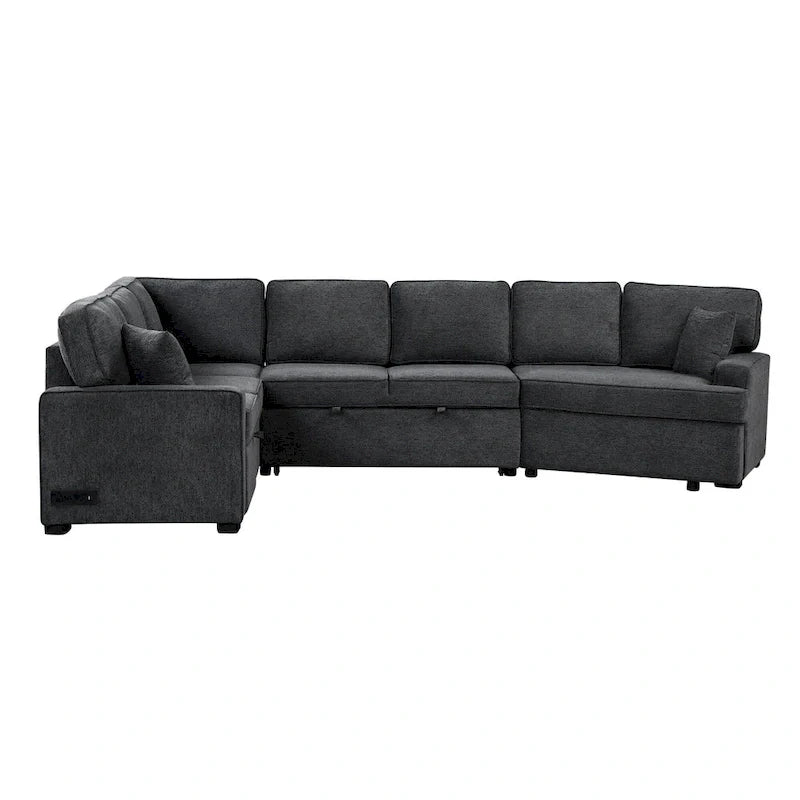 Canapé d'angle en L 6 places de 320 cm avec lit gigogne, ports de chargement USB et tablettes avec porte-gobelets rabattables