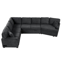 Canapé d'angle en L 6 places de 320 cm avec lit gigogne, ports de chargement USB et tablettes avec porte-gobelets rabattables